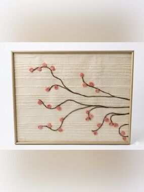 VTG 70s Framed Yarn Art 3D Pink Floral Fiber Art MCM Boho Decor 21